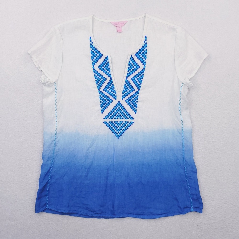 Lilly Pulitzer Shirt Womens Extra Small Blue Breakers Row Ombre Linen Tunic Top